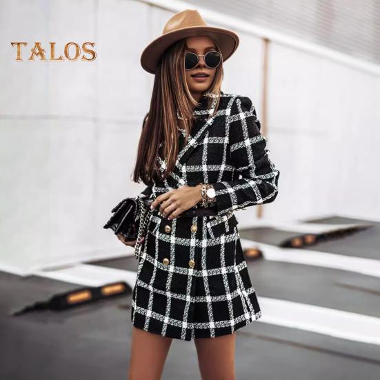 Damen Winter Herbst Mantel Umlegekragen Karomuster Zweireihig Lange Ärmel Dicke Mittellange Jacke für Dating Pendeln Büro