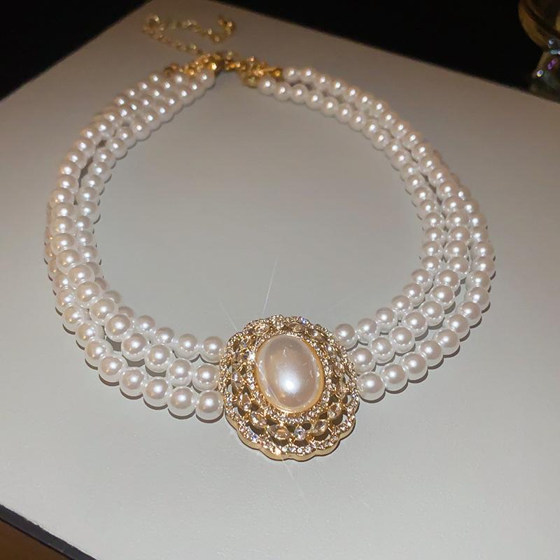 Artificial Pearl Multi-layer Diamond Stud Earrings Necklace Set Light Luxury Collarbone Chain Retro Court Style Jewelry