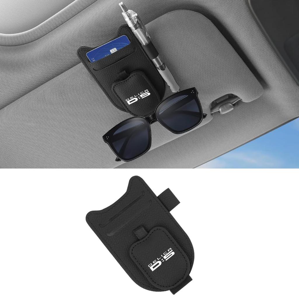 Multifunctional Car Sunglasses Holder for Delica Includes Card and Pen Durable PU Leather Car Glasses Clip with Magnetic Closure and Cute Cat Ear with