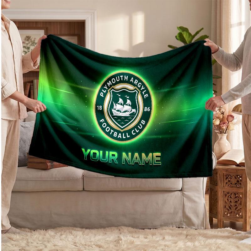Plymouth Argyle FC Personalized Fleece Blanket With Football Logo, Custom Name Text Soft Warm Home Throw Blanket