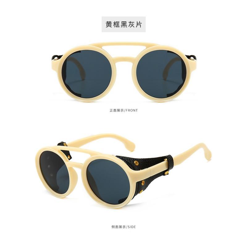 Steampunk Shields Solglasögon Män Kvinnor Klassiska Solglasögon med Sida Läder Runda Glasögon Punk UV400 Lins