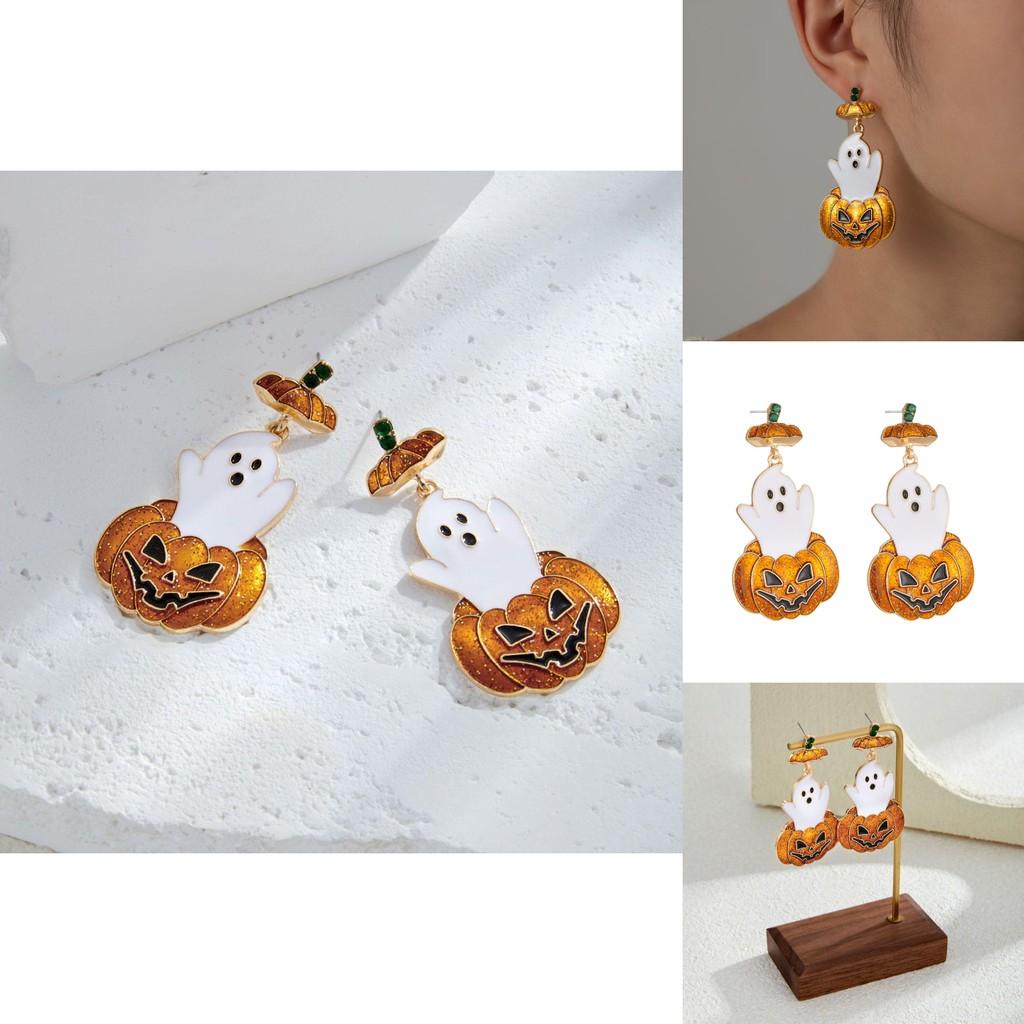 Eye-catching Retro Ghost Face Pumpkin Earrings Featuring Dazzling Rhinestone Embellishments