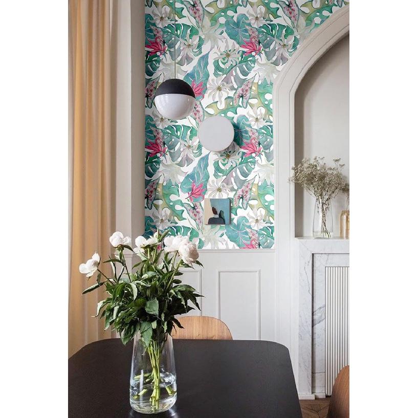 Blooming Wall DPYA26 Tropical Leaves and Flower In Elegant Color Match Peel and Stick Wallpaper Self-Adhesive Prepasted Wallpaper Wall Mural