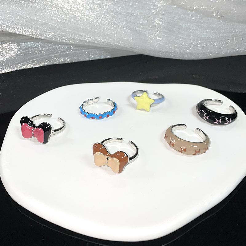 Dripping Oil Maillard Dark Bow Star Opening Ring Set Cold Style Fashion Ring Women