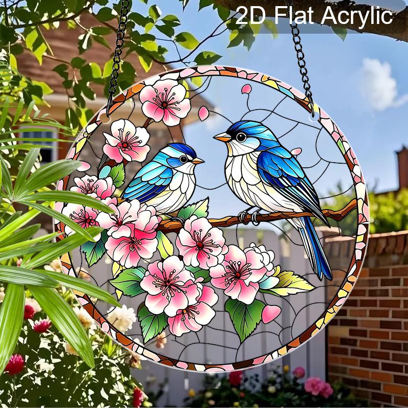 2D Flat Acrylic Peach Blossom Birds Suncatcher Decorative Hanging Ornament, 7.87/11.81inches Love Birds Home Window Porch Wall Garden Tree Decor
