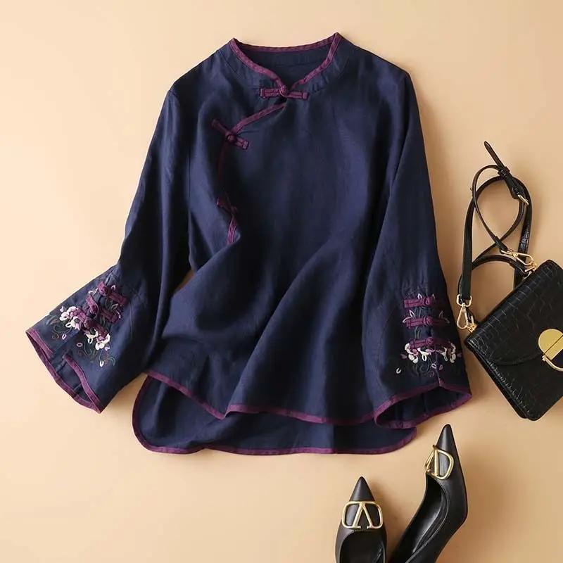

Spring Women s Shirt Chinese Style Trendy Artistic Embroidery Loose-fit V-neck Top for Women Fashionable Clothes 4XL темно-синього кольору