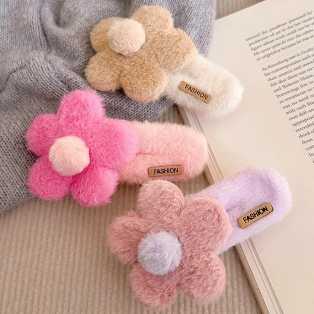 Cute Plush Flower Hair Clip Sweet Duckbill Clip Flyaway Hair Headwear Accessories  Autumn Winter