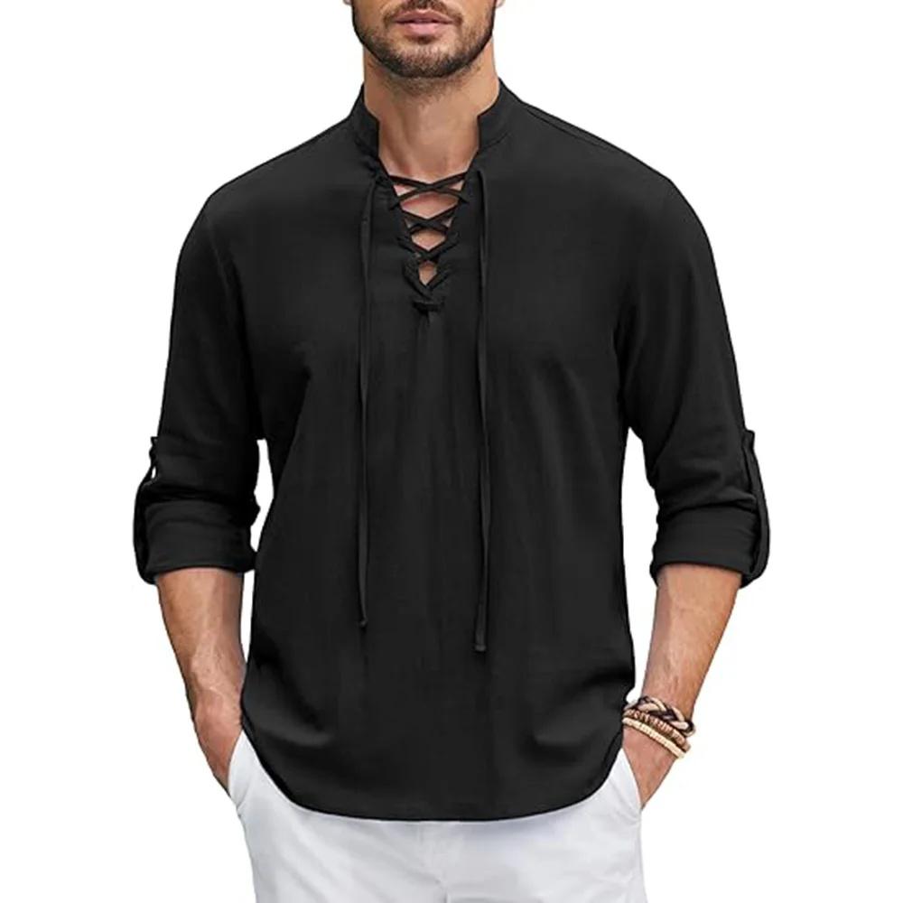 Men's Renaissance Shirt Pirate Medieval Viking Top Cotton Linen Shirts Men Long Sleeved Halloween Costume