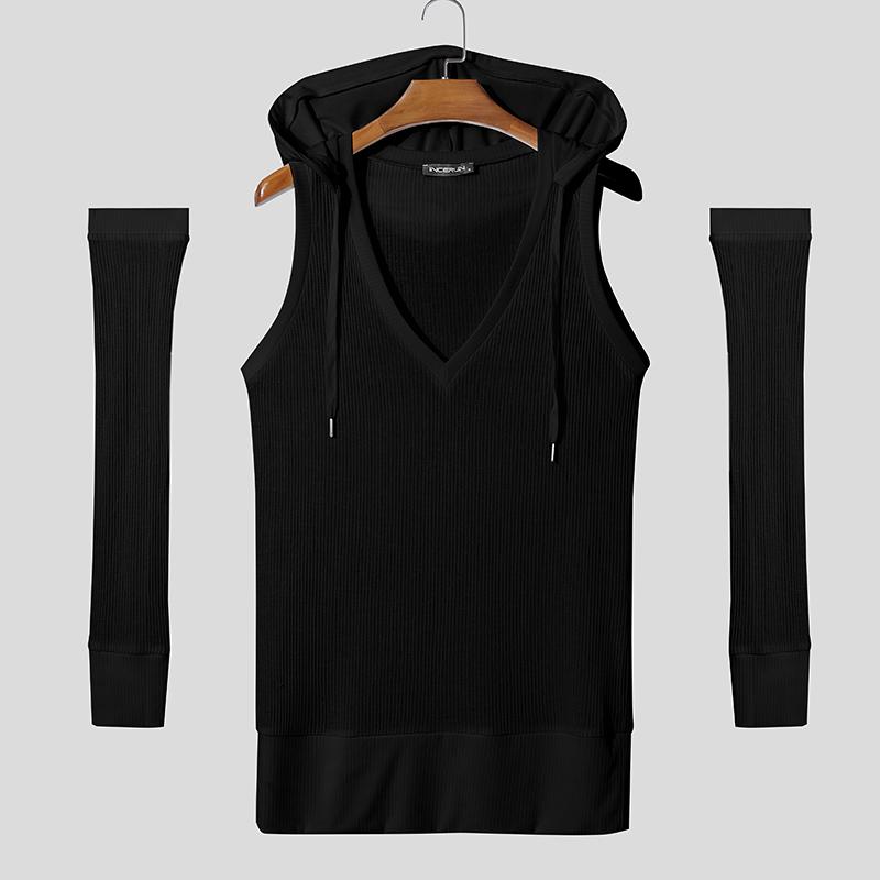 INCERUN Men V Neck Sleeveless Hooded Rib Casual Fitted Tank Tops with Oversleeve