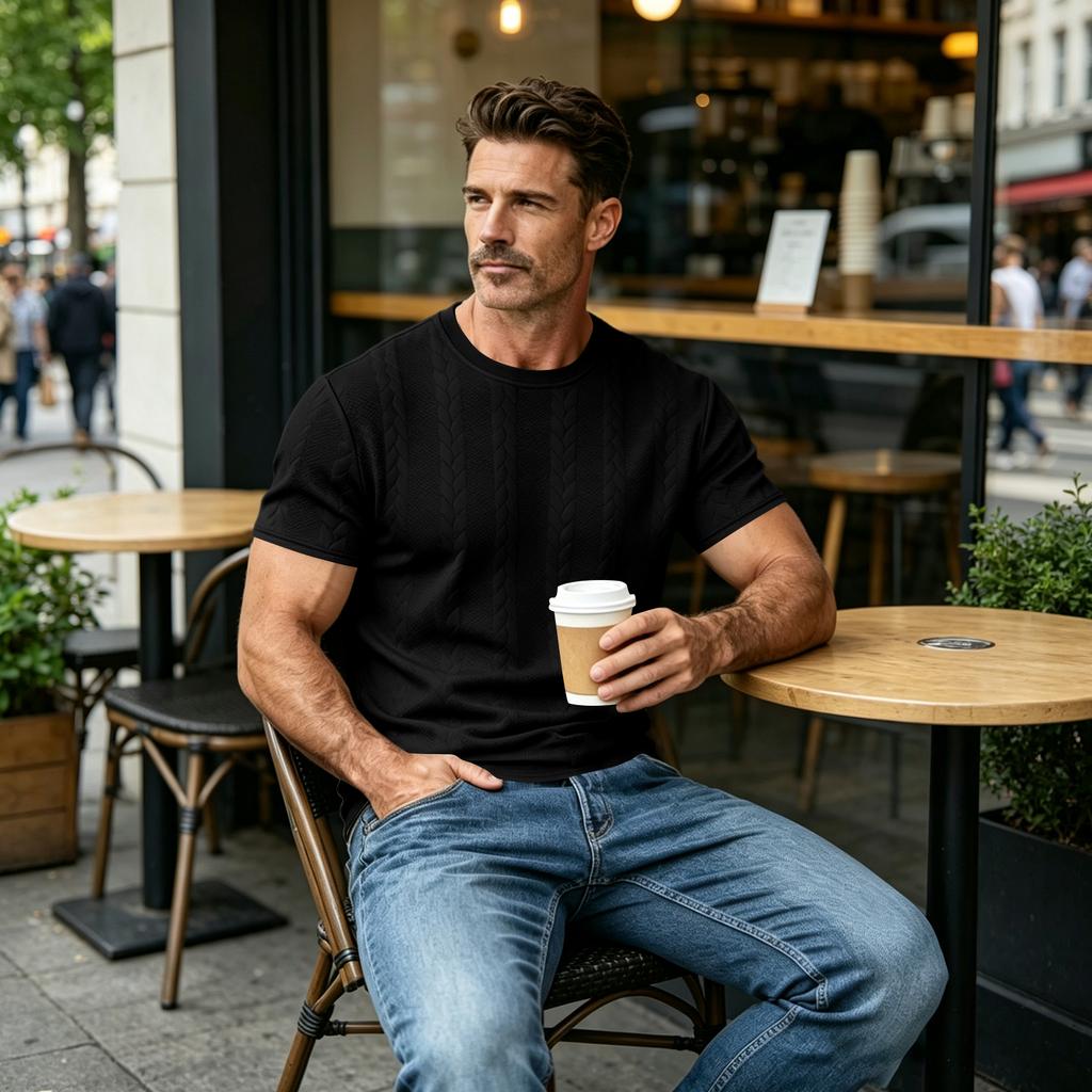 Men's Short Sleeve Crew Neck Knit T Shirt Classic Fit Cable Pattern Pullover Top for Casual Daily Wear