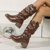 Western Cowboy Boots Women'S  Spring And Autumn New Round Toe Sleeve Soft Leather Middle Cylinder Pile Boots