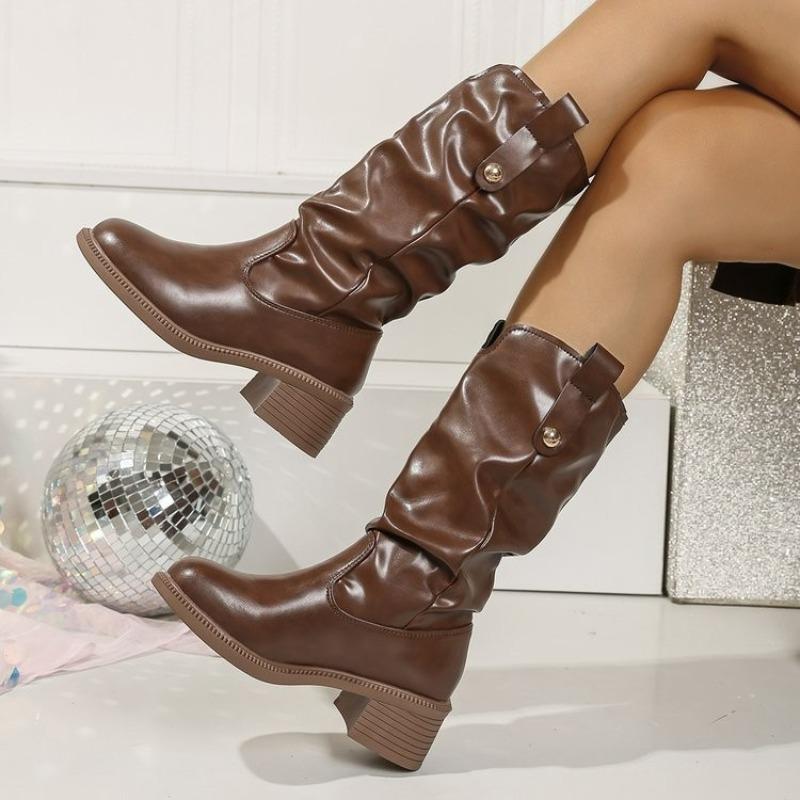 Western Cowboy Boots Women'S Spring And Autumn New Round Toe Sleeve Soft Leather Middle Cylinder Pile Boots