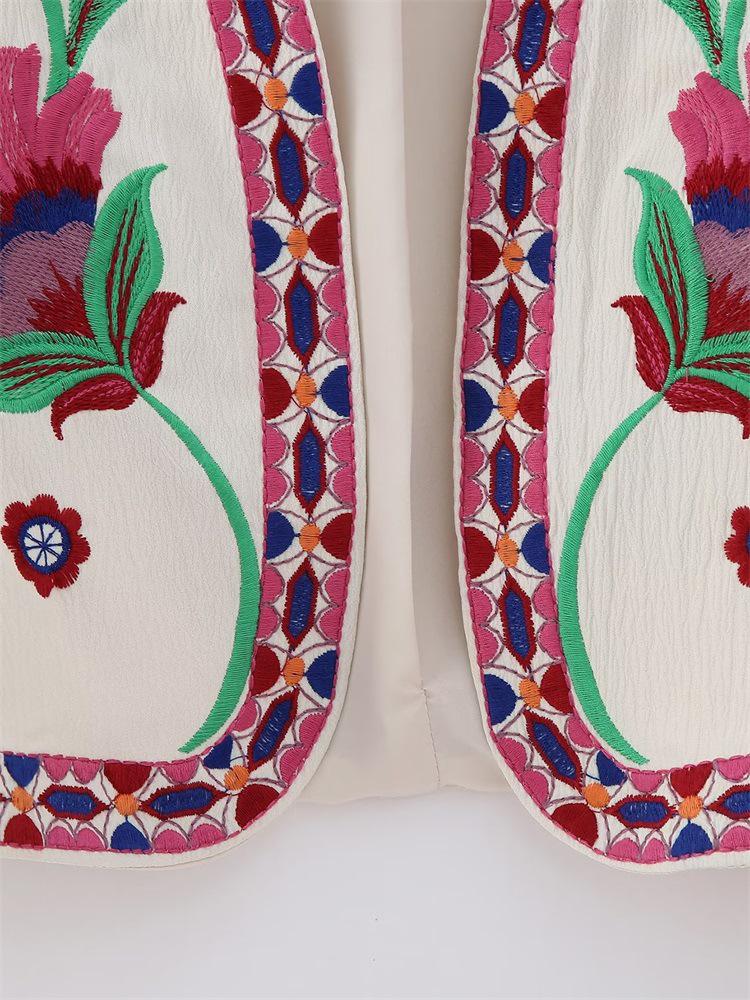 2023 Květinová výšivka Color Block Bez rukávů Otevřená přední strana Vesta - Retro Jarní Dámský Svršek