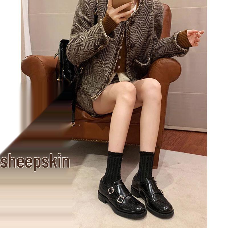 Women's Retro British-Style Genuine Leather Brogue Loafers with Round Toe and Chunky Heel for Autumn/Winter