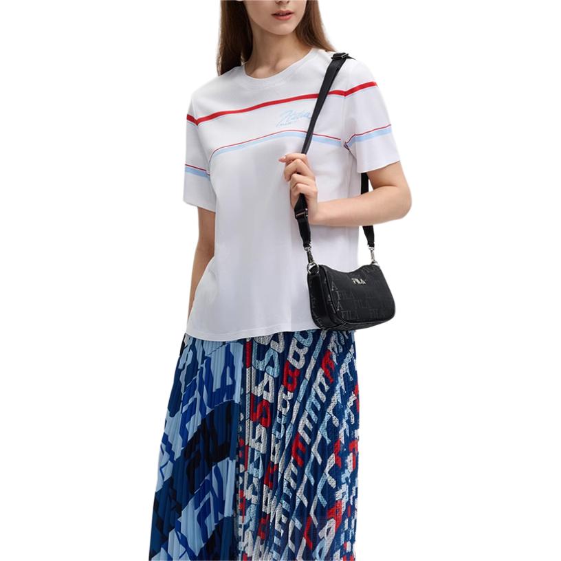 FILA Emerald Series Striped Round Neck Casual Letter Short Sleeve T-Shirt Women T-Shirts White F11W434105F-WT
