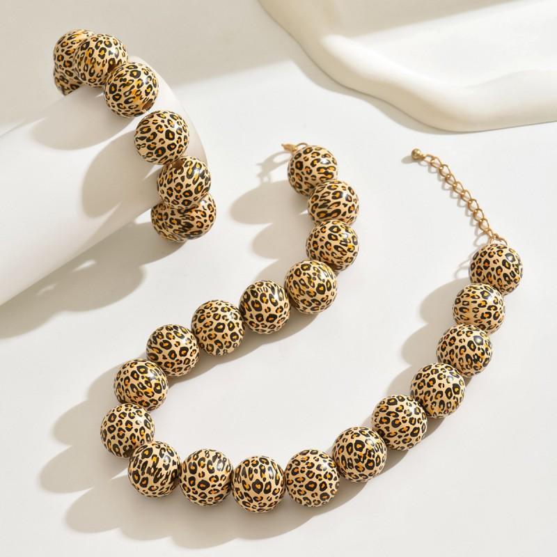 Handmade Wooden Beaded Necklace Set With Leopard Print Accents Boho Chic Statement Collar Chain Women Fall Winter