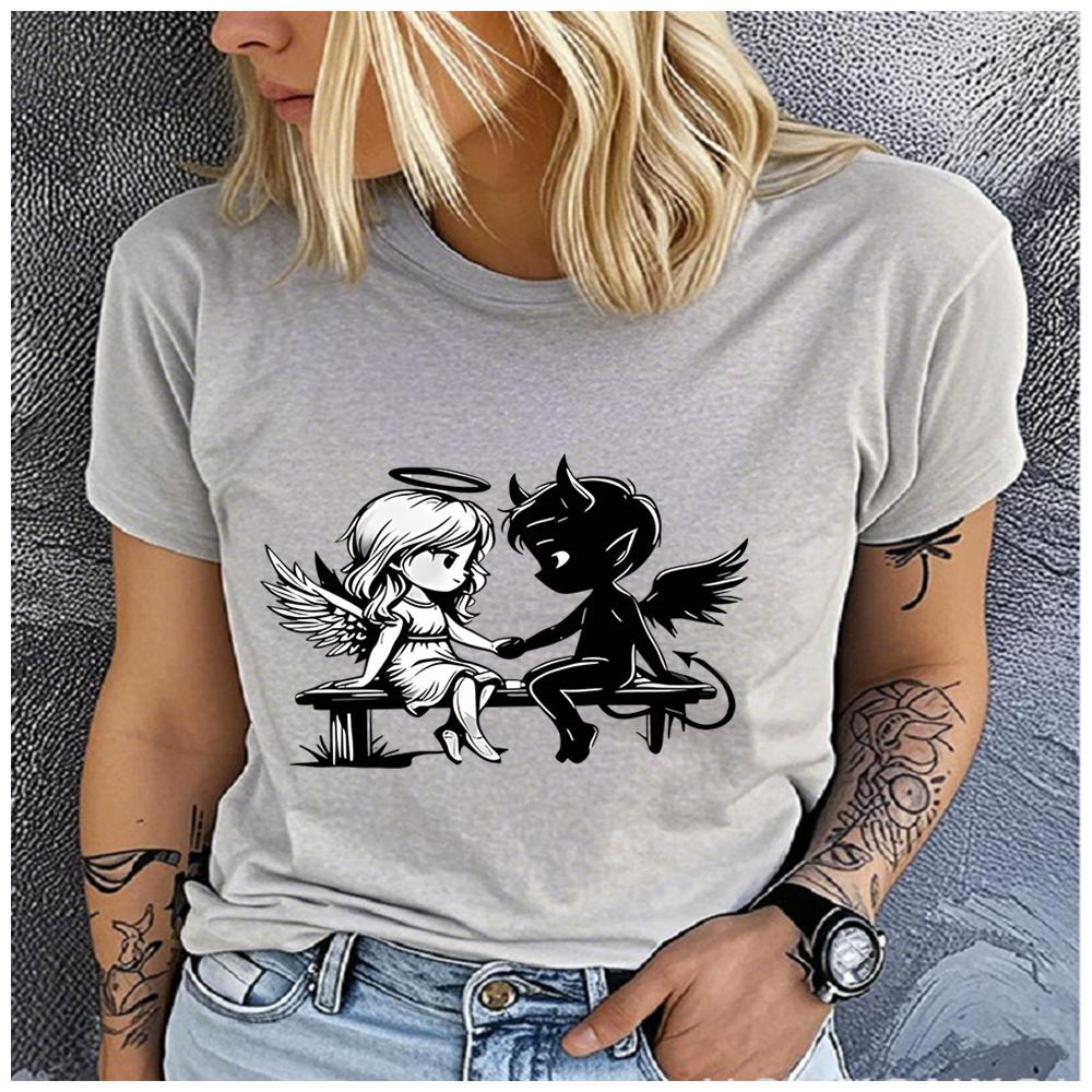 Unisex 100% Polyester Summer Top The angel and the devil hold hands. Print Loose round Neck Short Sleeve Fashion for Lovers