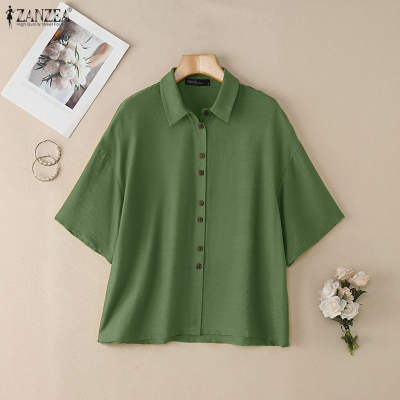 ZANZEA Women Casual Turn Down Collar Summer Short Sleeve Blouse