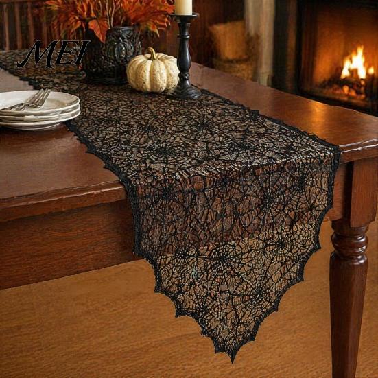 Breathable Lace Fabric Spider Web Table Runner, Black Gothic Festival Theme Mat Cobweb Runner for Halloween Dining Decoration