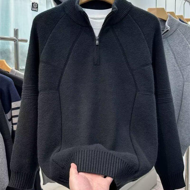 Men s Slim Fit Deer Velvet Wool Sweater - High Collar Zipper Knitwear XL