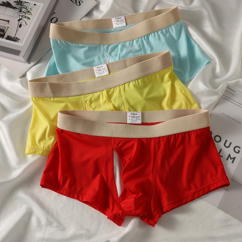 Men's Summer Sexy Ice Silk Thin Breathable Side Open Flat Angle Briefs