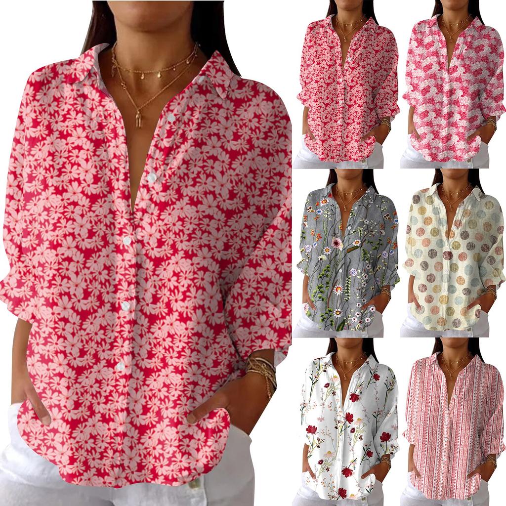 Women's Fashion Seven Sleeve Casual Lapel Back Tie Shirt Printed T-Shirt Top