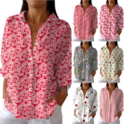 Women's Fashion Seven Sleeve Casual Lapel Back Tie Shirt Printed T-Shirt Top