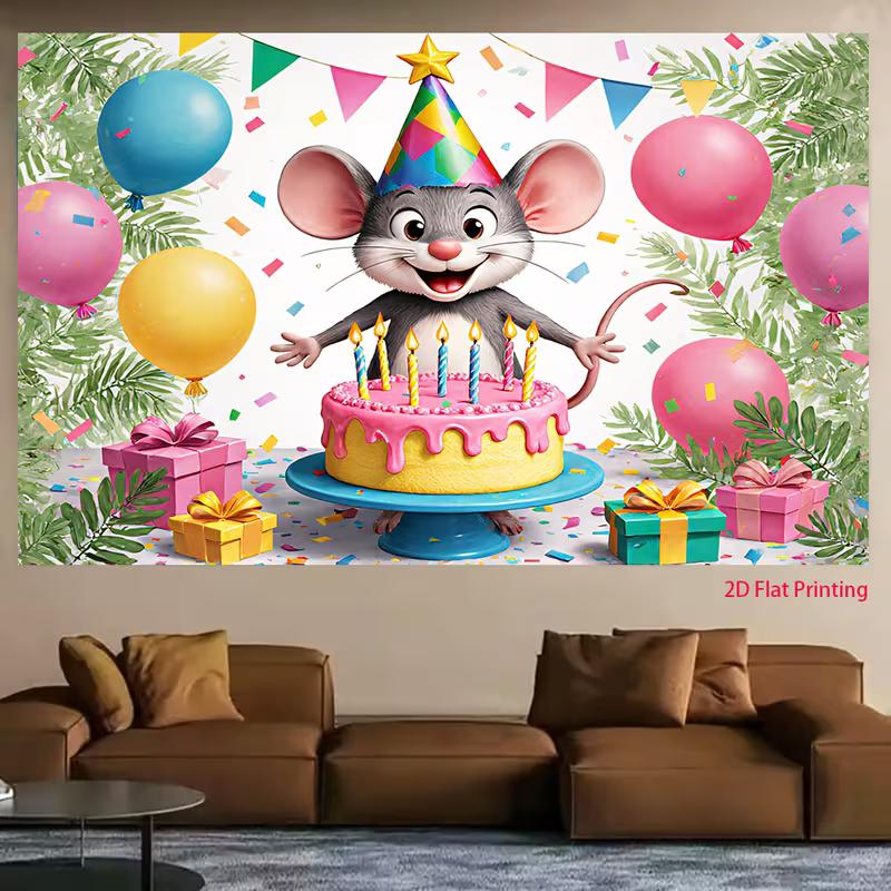 2D Cartoon Animal Birthday Backdrop with Party Hat and Gifts