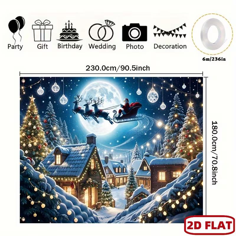 2D Magische Weihnachtsnacht Szene Kulisse, Weihnachtsmann Schlitten & Gemütliches Dorf Fotografie Hintergrund