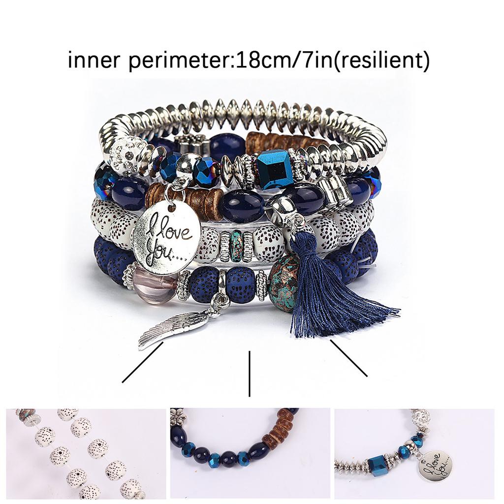 Bohemian Beaded Bracelet Set, Women's Stackable Stretch Bracelets with Tassel & Wing Charm