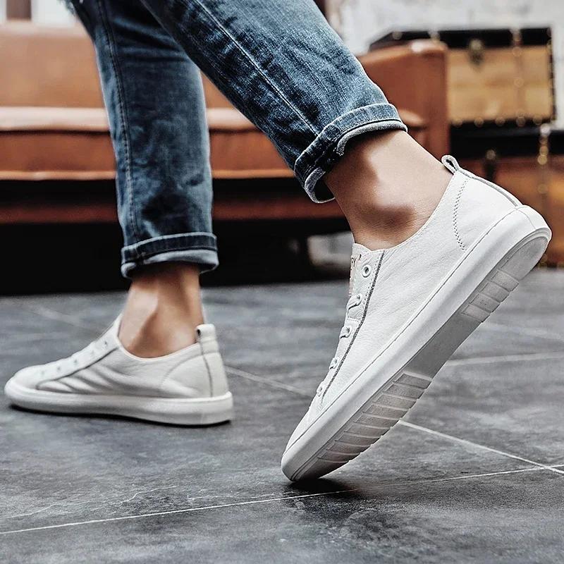 2024 Mens Sneakers Genuine Leather Leisure Walk Outdoor Shoes Men Casual Handmade Footwear Brand High Quality Orange Soft Flats