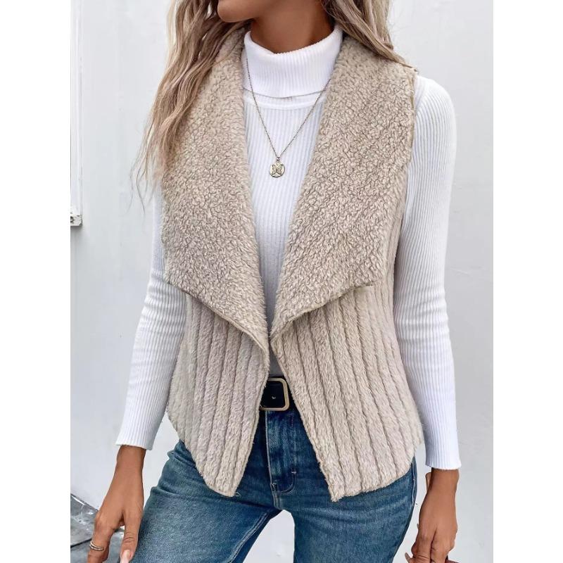 Gilet aperto da donna in finta pelliccia con lavorazione a coste, casual, caldo, senza maniche