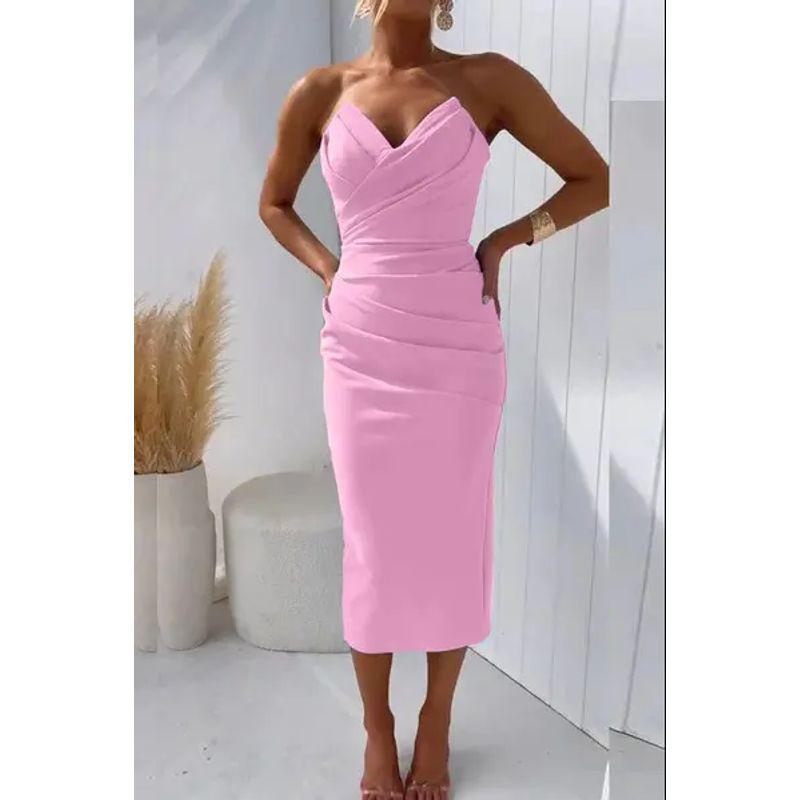Fashion European and American Women Clothes Sexy Tube Top Sleeve Slit Solid Dress Sexy Solid Color Dress