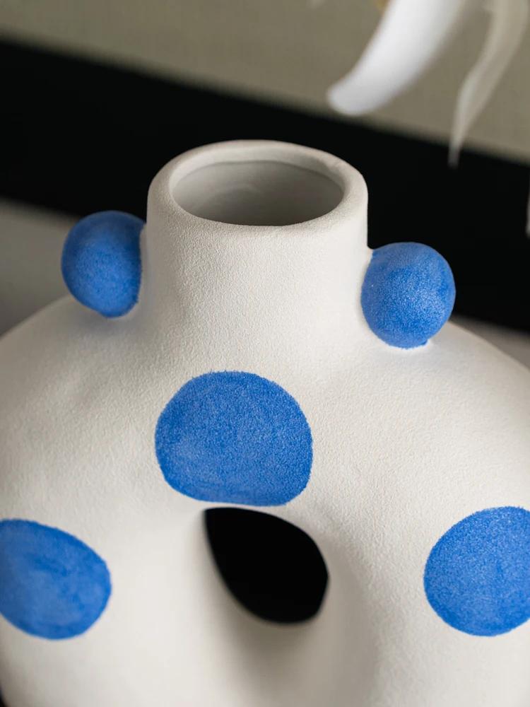 Matte Ceramic Vase Blue Hand Painted Floral Decoration Flower Arrangement Living Room Dining Countertop Vase Ceramic Handicrafts