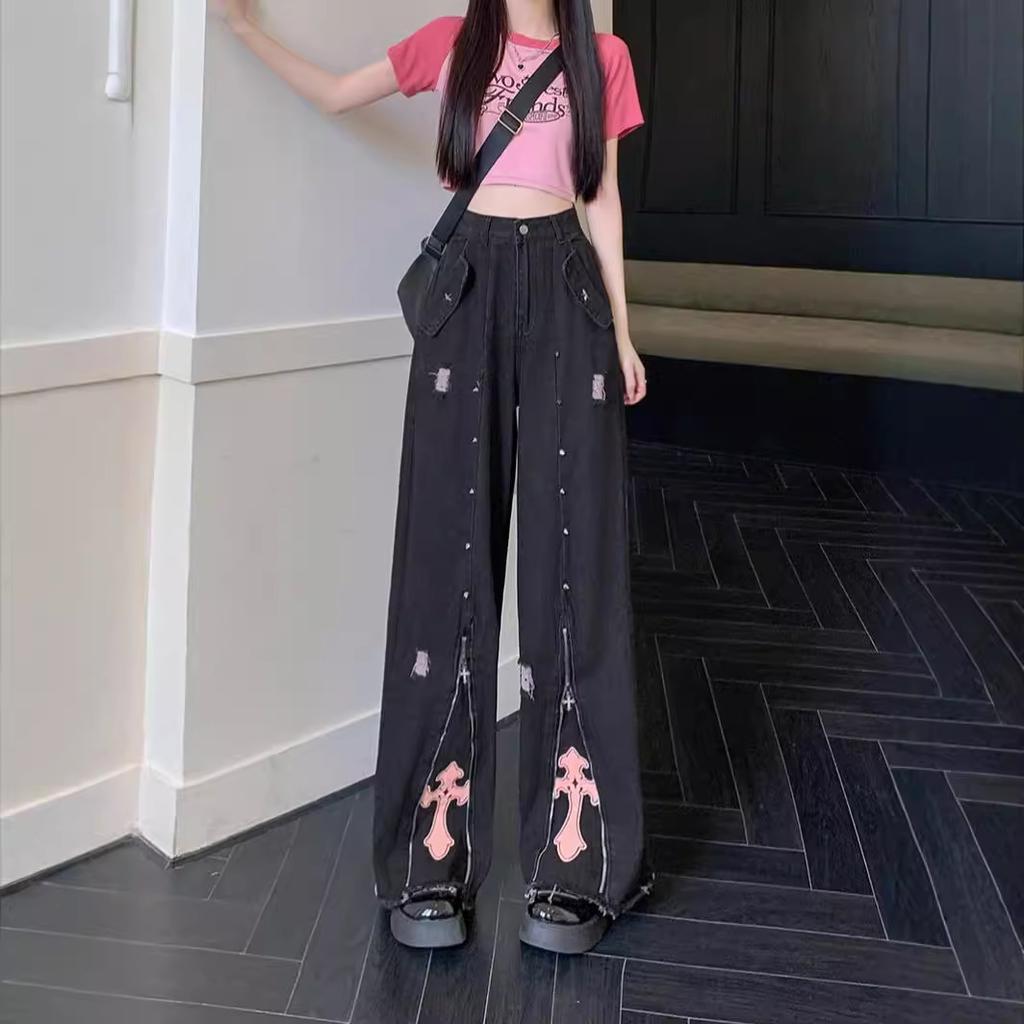 Autumn Women's Fashion Casual Retro Embroidery Loose Straight Pants