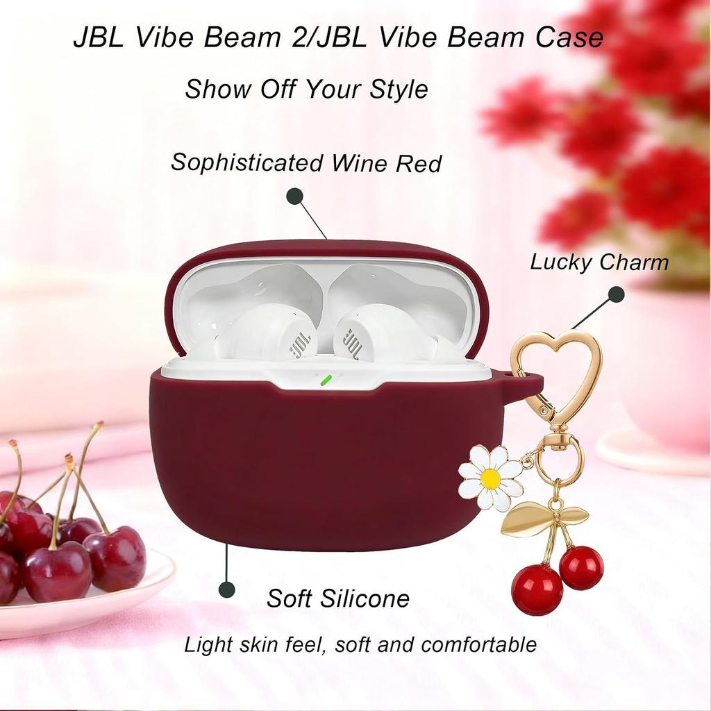 for JBL Vibe Beam 2 / JBL Vibe Beam Case Cover with Cute Cherry Daisy Flower Charm Keychain,Soft Silicone Protective Shock Cover for JBL Vibe 200TWS