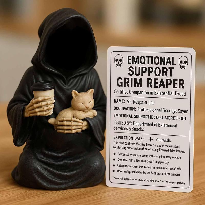 

Эмоциональная поддержка Фигурка Мрачного Жнеца Смола Статуэтка Мрачного Жнеца Держащего Кофе и Кота с Картой Эмоциональной Поддержки