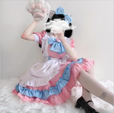 Estate Taglia Forte Super Carino Grande Fiocco Abito Lolita Abbigliamento da Donna Rosa e Azzurro Abito Carino Costume da Cameriera Cosplay