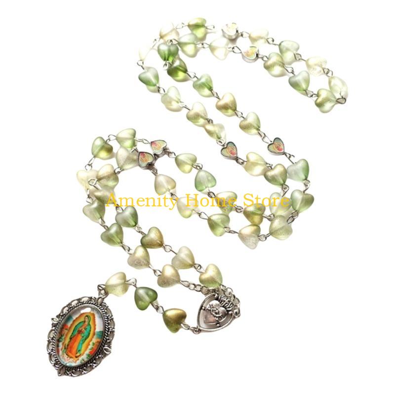 F26C Vintage Hollowed Out Rose Heart Beads Rosary Necklace Christian Prayer Fashion Jewelry Accessories for Stylish Women Men