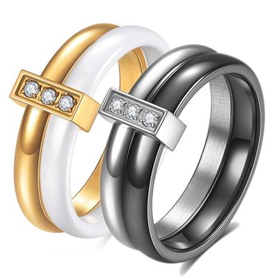 European Zircon Inlaid Ceramic Fashion Ring - 6MM Black & White, Women's.