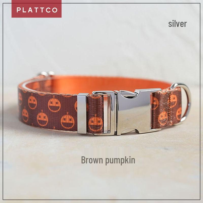 PLATTCO Adjustable Double-Layer Dog Collar - Christmas Style, Brown Pumpkin Print, Faux Nylon, PDC338 L: 2.5cm (49-55cm)