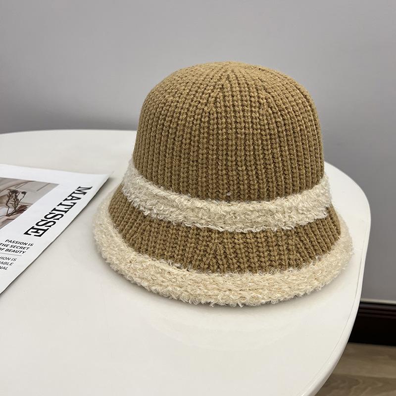 

Модная плюшевая кромка, вязаная теплая шляпа-ведро, женская осенне-зимняя, в литературно-художественном стиле, прямая шляпа-ведро M（56-58cm）