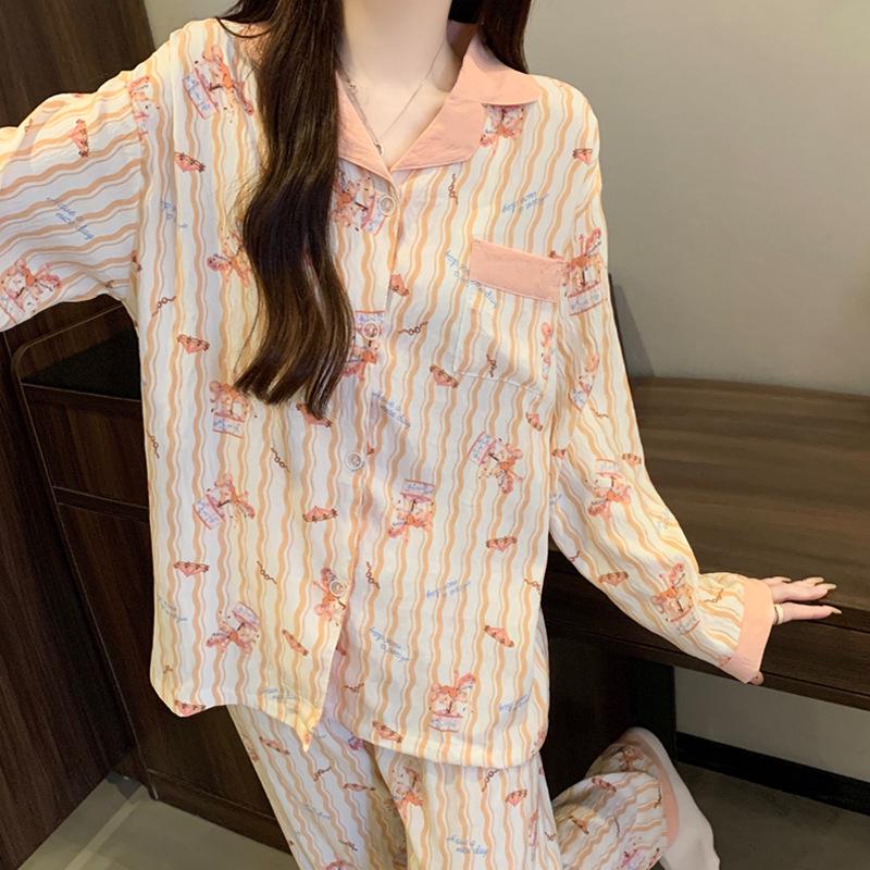 Striped Cotton Pajama Set: Long Sleeve, Color Block, Turn-Down Collar for Autumn/Spring