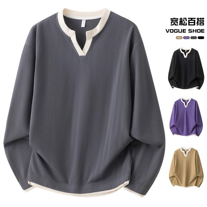 Unisex V-Neck Long Sleeve T-Shirt Loose Fit Contrast Color Casual Ribbed Top