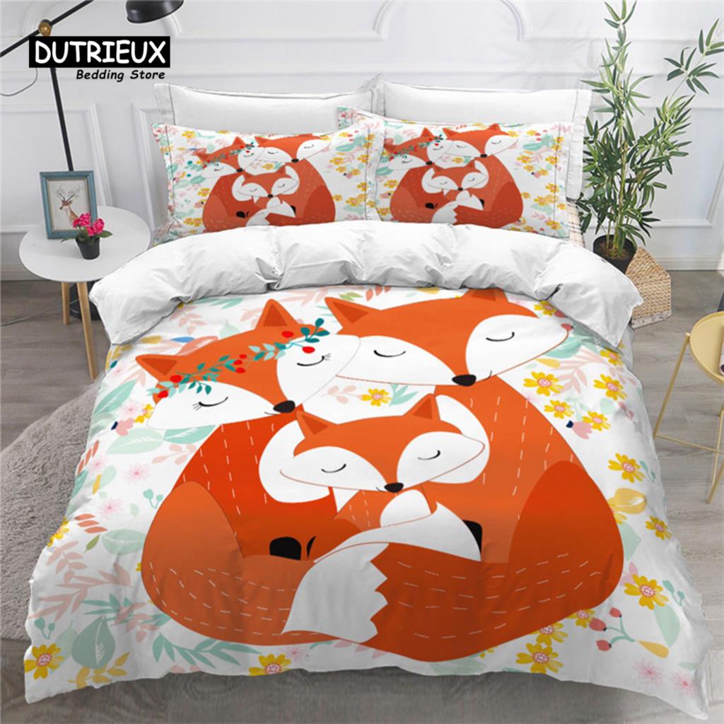 Kids Cartoon Fox Duvet Cover Microfiber Bedding Set Lovely Animal Theme Comforter Cover King For Kids Adults Girls Bedroom Decor