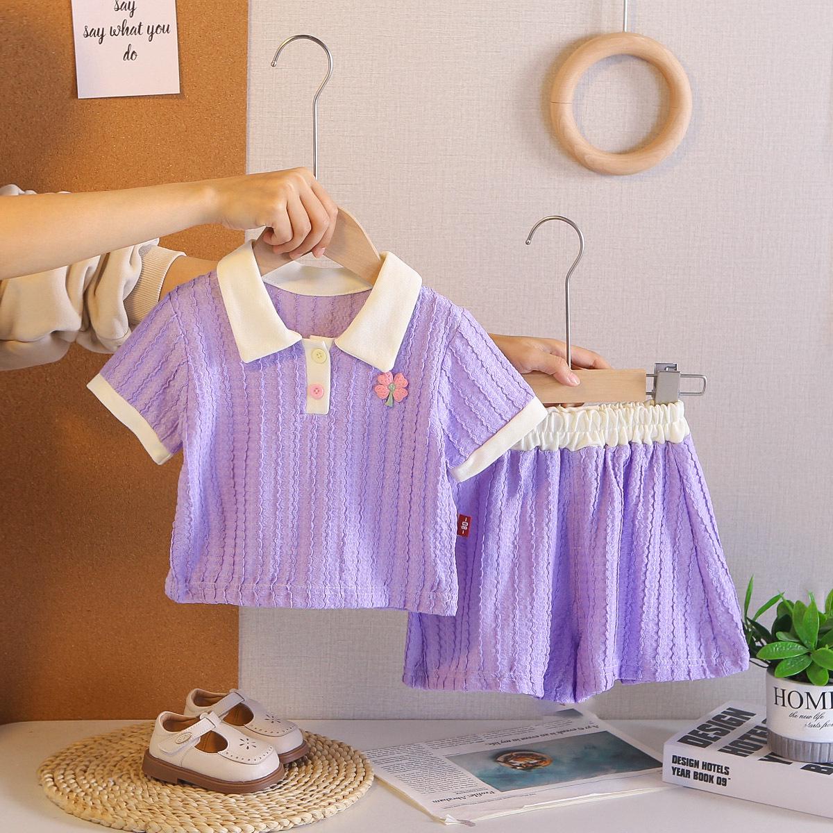 

New Summer Kids Floral Striped Two-Piece Set – Casual Short Sleeve Top & Shorts for Baby Girls 80-120cm (5 sets) светло-фиолетовый