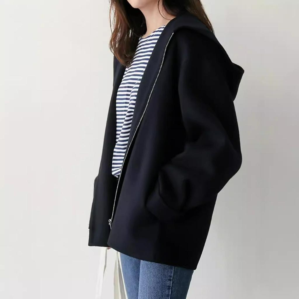 Cappotto di Lana con Cappuccio Autunno Inverno Donna Corto Largo Monocolore Piccolo Casual