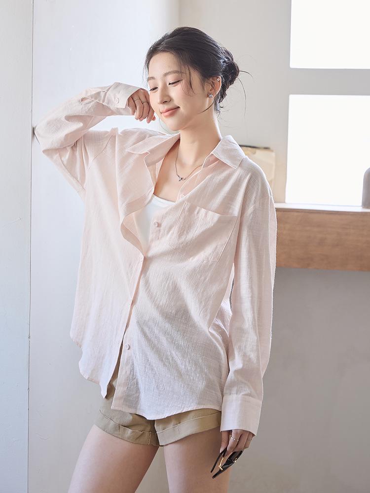 White Washed Cotton Linen Long Sleeve Shirt - Spring/Summer 2026 Sun Protective Loose Cardigan Top