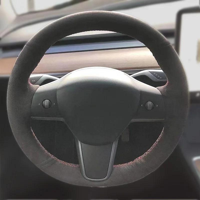 Benutzerdefinierte DIY Auto Lenkradbezug Kohlefaser Wildleder Leder Für Tesla Model 3 2017 2018 2019 2020 Auto Innenzubehör