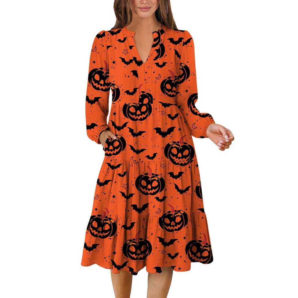 Women's V-Neck Flowing Layered Bohemian Long Sleeve Halloween Print Dress
